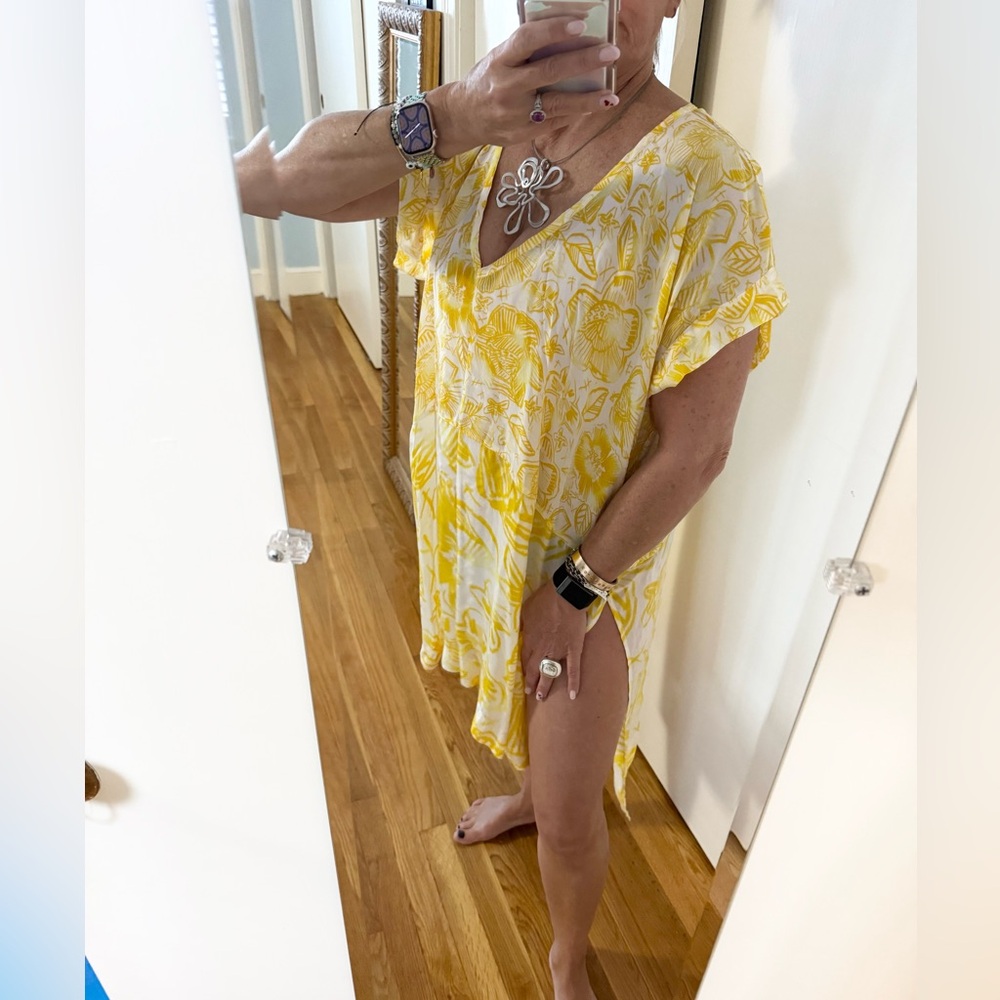 Anthropologie Lilka Nadyia Printed Caftan XS | Yellow Semi Sheer Beach Cover Up - Picture 7 of 15